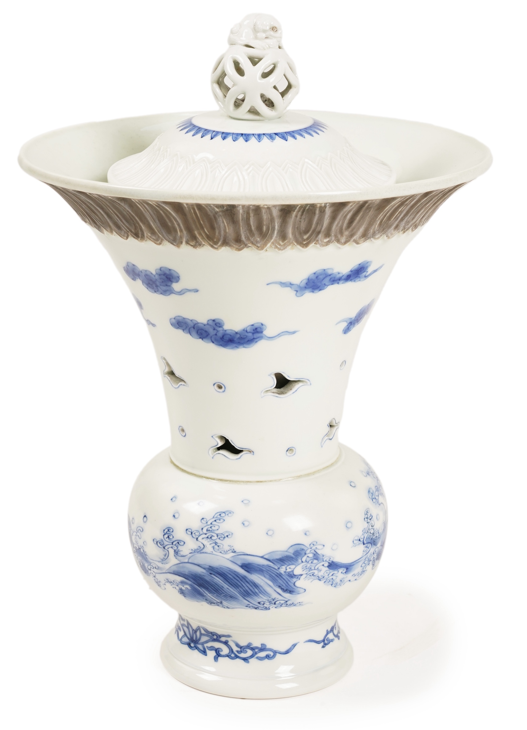 A large Japanese Hirado double walled blue and white vase and cover, 19th century